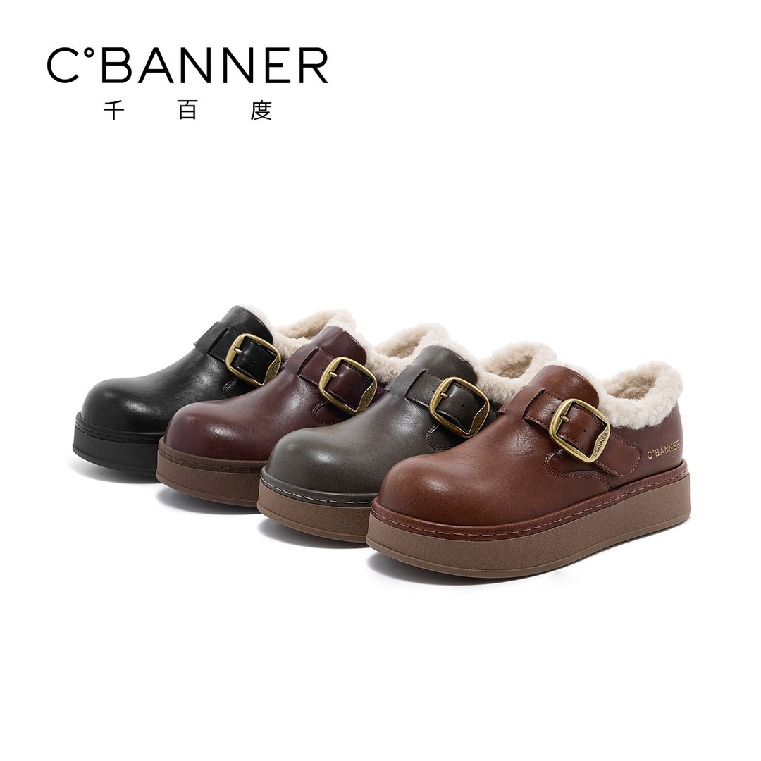 【臻选上新】千百度2025新款时尚软底休闲鞋女搭扣设计感加绒勃肯鞋主图