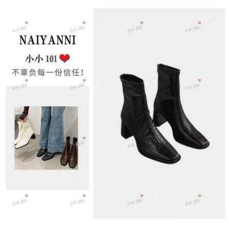 【瘦瘦靴】TD68方头高跟短靴新款气质弹力瘦瘦靴粗跟马丁靴FZNDD094
