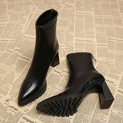 现货头层真羊皮小个子增高厚底短靴女秋冬加绒高跟尖头粗跟马丁靴主图