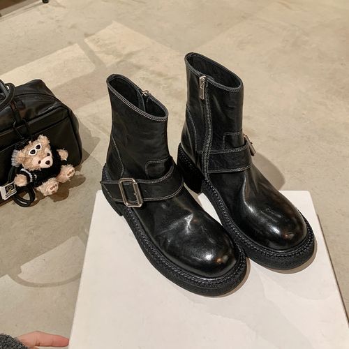 【年终钜惠】秋冬水洗缩纹厚底马丁靴扣带机车加绒短靴E4414308主图