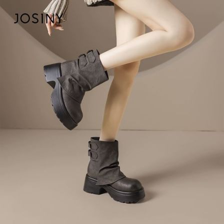 卓诗尼显瘦时尚粗跟百搭靴女2025秋冬季复古时装中筒马丁靴圆头