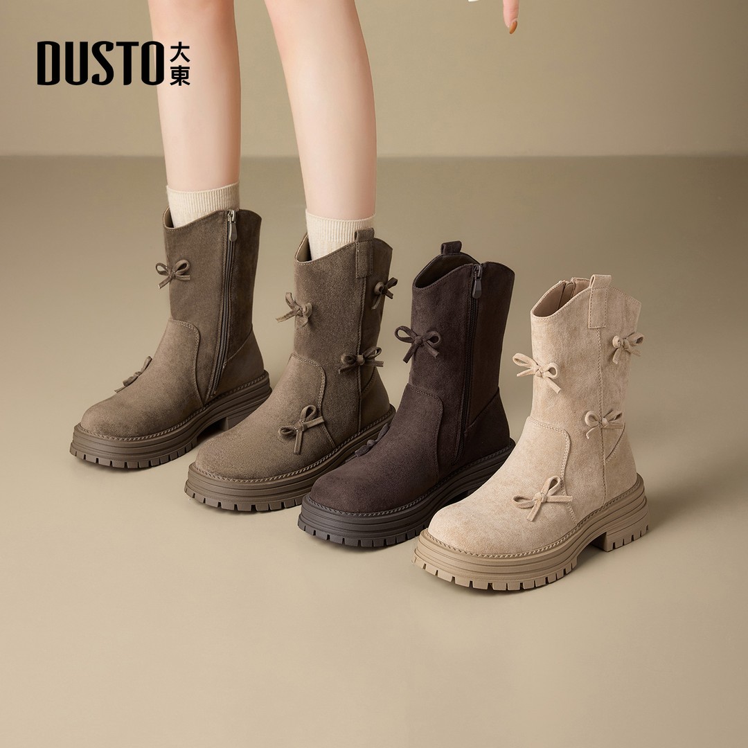 大东女鞋蝴蝶结短靴2025秋冬加绒小个子厚底增高时装靴002307主图