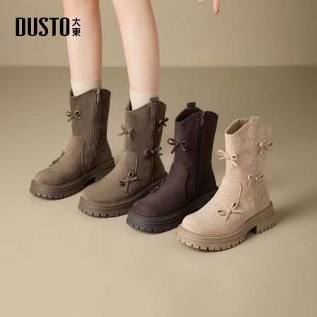 大东女鞋蝴蝶结短靴2025秋冬加绒小个子厚底增高时装靴002307