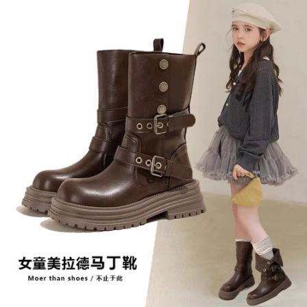 女童靴子2025新款秋冬洋气加绒短靴儿童马丁靴女孩中大童中筒皮靴