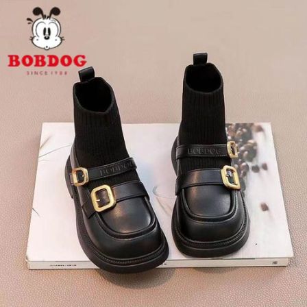 巴布豆儿童袜靴女童靴子黑色短靴袜子鞋秋季2025新款英伦风二棉靴