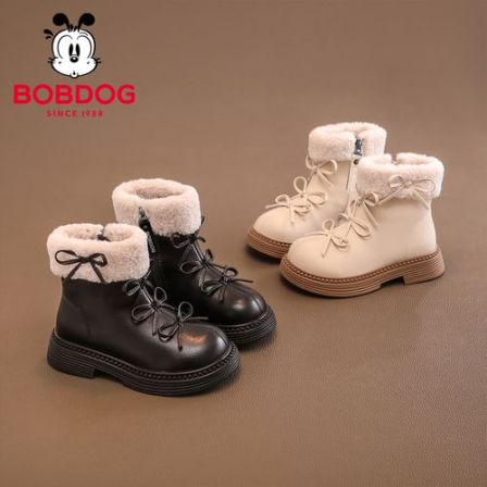 巴布豆女童马丁短靴子儿童二棉鞋子2025秋冬季新款雪地靴加绒皮靴