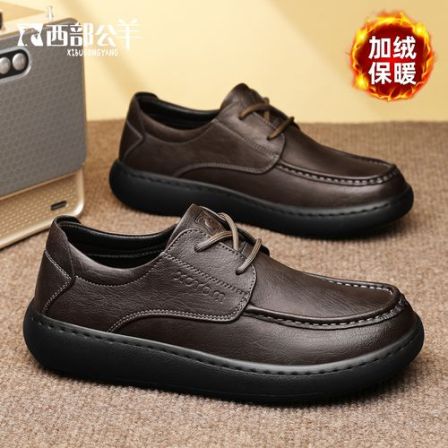 西部公羊真皮男鞋秋冬新款加绒商务休闲鞋手工缝线软底防滑皮鞋