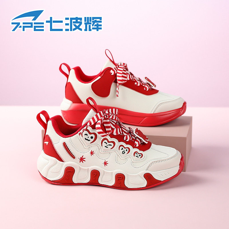 七波辉新春款皮面防水女童鞋红白色轻便中大童休闲女孩儿童运动鞋主图