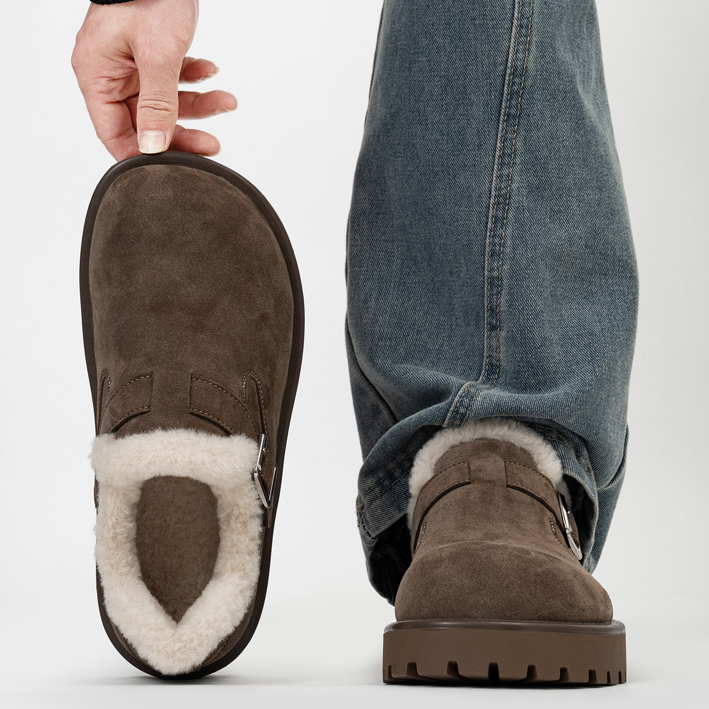 全包复古搭扣勃肯鞋男女冬季加绒保暖厚底毛毛棉鞋大头乐福雪地靴主图