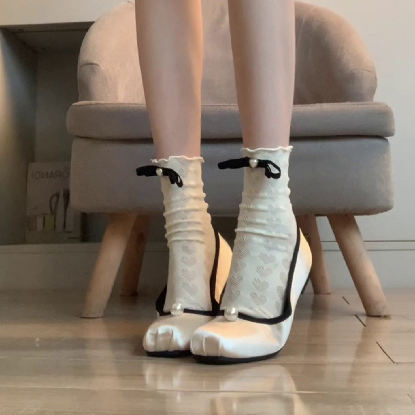 羊皮版~法式温柔风方头珍珠浅口单鞋女配裙子晚晚风平底鞋芭蕾鞋主图