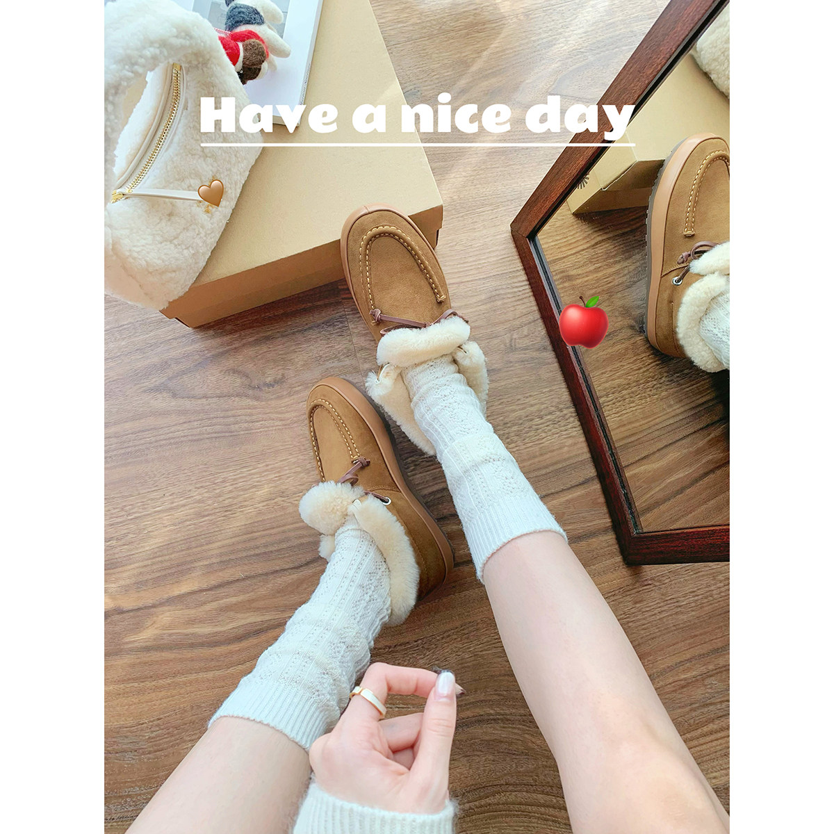 葡萄妈studiolee 蝴蝶结一脚蹬加绒加厚软底不累脚毛毛乐福鞋女主图