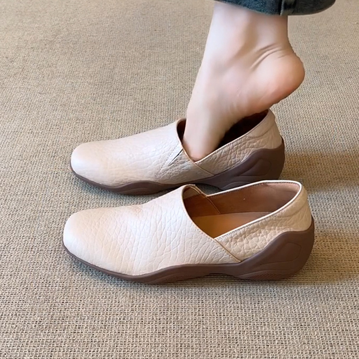 羊皮版~法式厚底运动通勤乐福鞋女一脚蹬软底百搭简约圆头小皮鞋主图