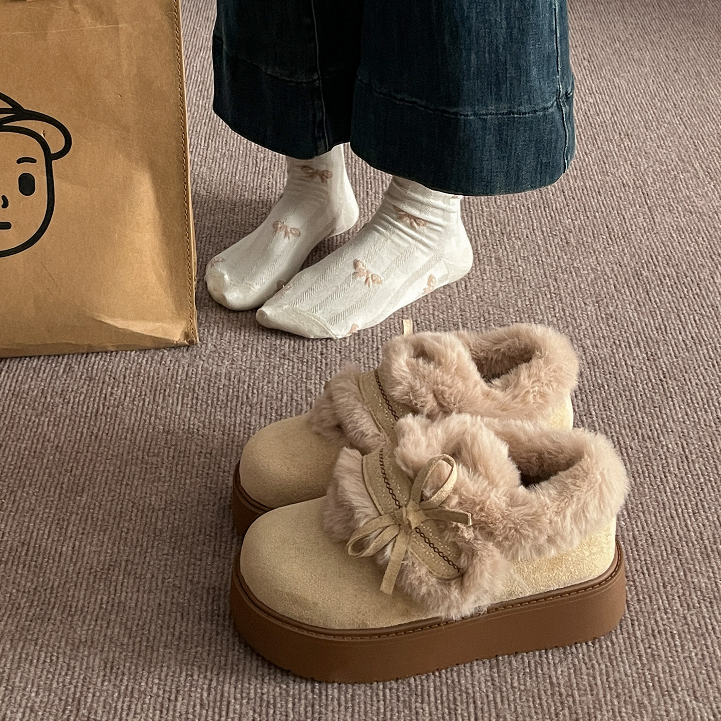 增高厚底加绒保暖勃肯鞋女2025新款冬季外穿雪地靴魔术贴毛毛棉鞋主图