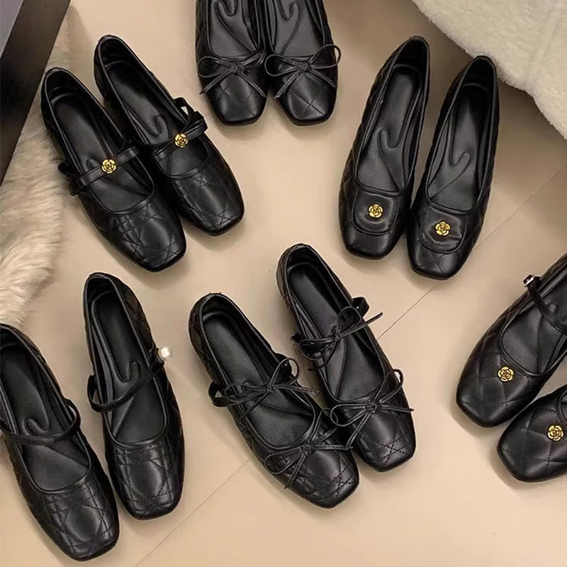 法式小香风菱格纹内增高黑色单鞋女2025秋冬山茶花浅口玛丽珍鞋子主图