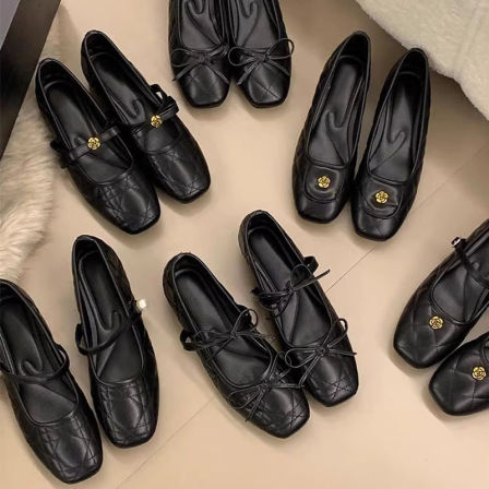 法式小香风菱格纹内增高黑色单鞋女2025秋冬山茶花浅口玛丽珍鞋子