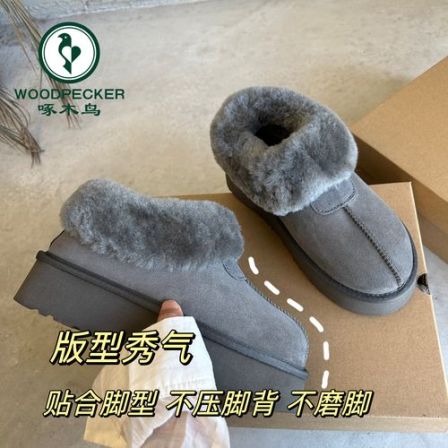 啄木鸟灰色厚底毛毛雪地靴冬2025新款一脚蹬加绒加厚大棉鞋面包鞋