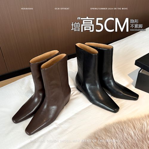 牛皮复古内增高直筒大筒围显瘦骑士靴女2025新款英伦风时装靴短靴主图