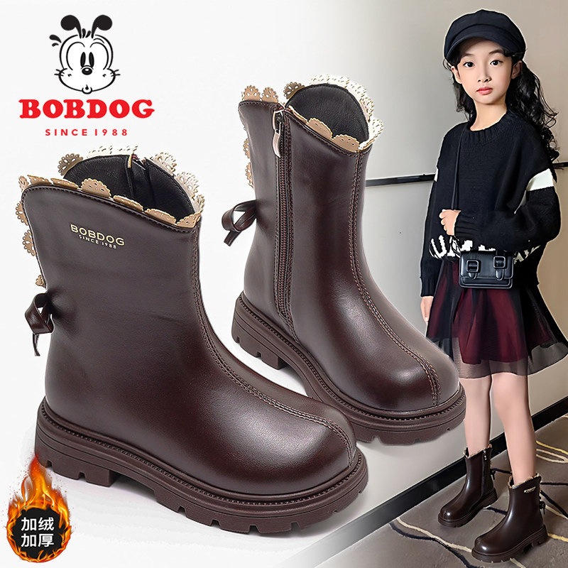 巴布豆儿童靴子女童保暖马丁靴2025新款冬季时尚女孩棉靴黑色皮靴主图