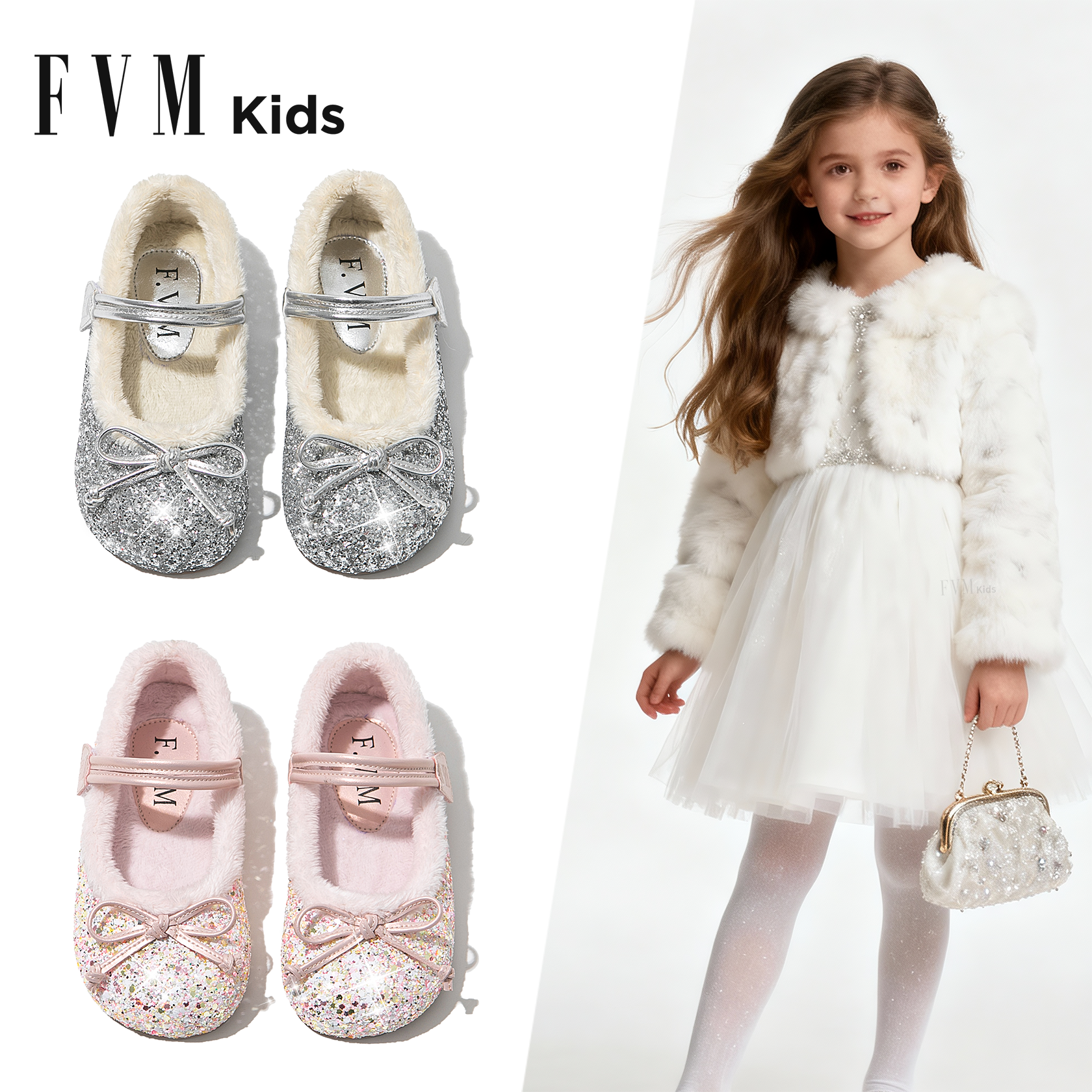 女童鞋子儿童水晶鞋公主闪亮小皮鞋2025新款冬季亮晶晶加绒毛毛鞋主图