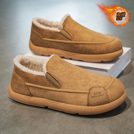 男鞋冬季加绒保暖棉鞋复古棕色休闲板鞋男士皮鞋一脚蹬软底乐福鞋