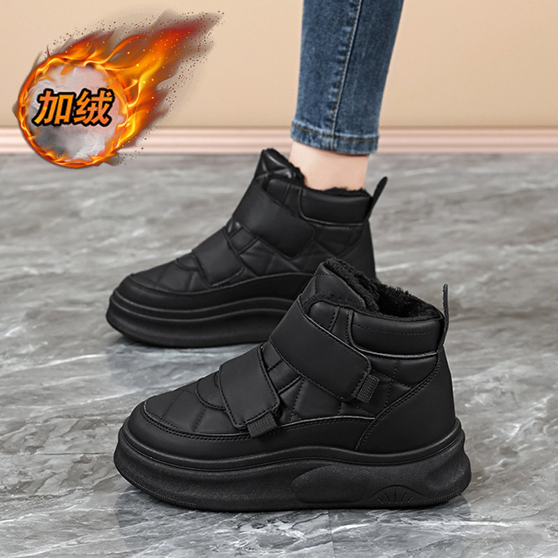 黑色棉鞋女2025新款冬季防水防滑高筒鞋魔术贴加绒女鞋保暖雪地靴主图