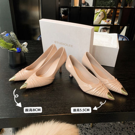 葡萄妈studiolee 两种跟高~新款优雅尖头金属褶皱浅口高跟单鞋女