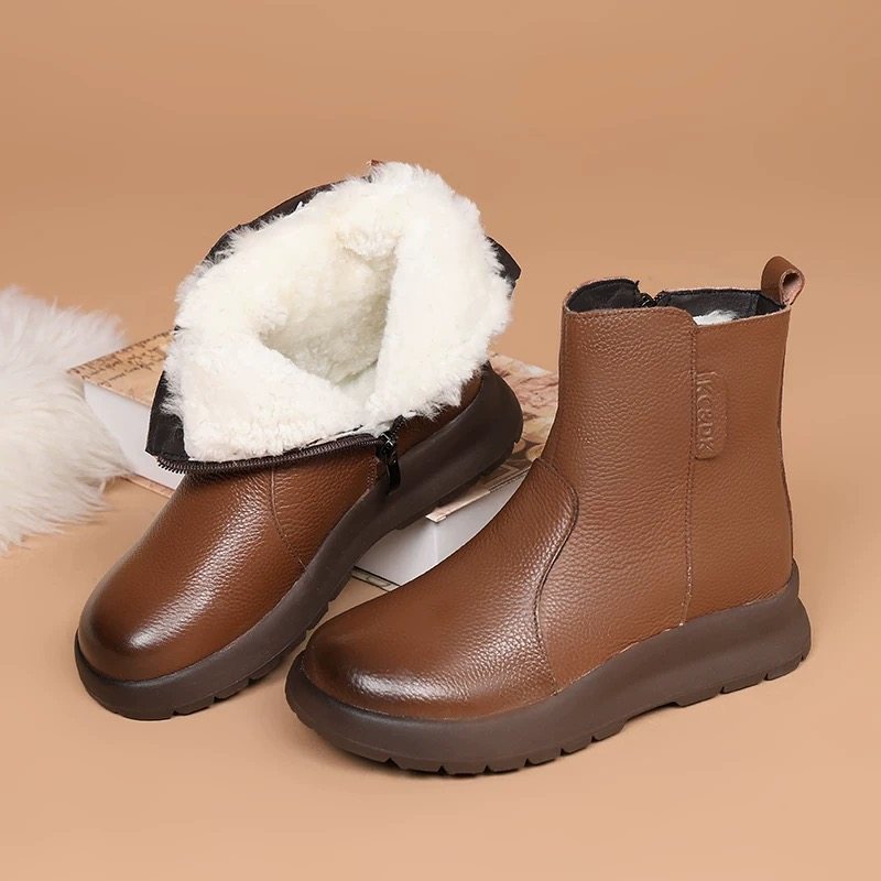 头层牛皮秋冬真皮马丁靴女厚底羊毛女靴子加绒加厚休闲妈妈2238-1主图