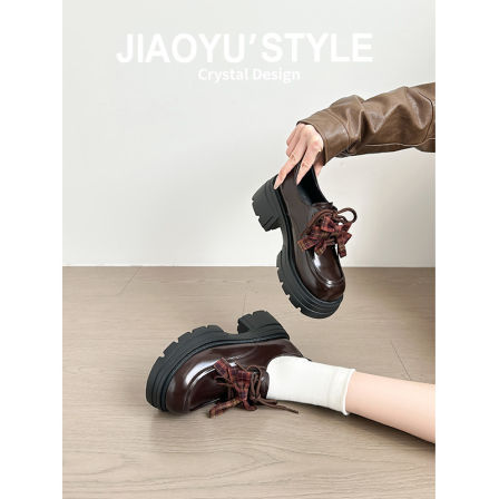 真皮~骄屿棕色乐福鞋2026新款蝴蝶结小皮鞋厚底增高学院风jk单鞋