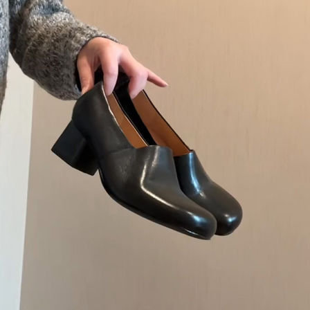 羊皮版~简约一脚蹬气质单鞋女复古风真皮粗跟通勤百搭方头小皮鞋