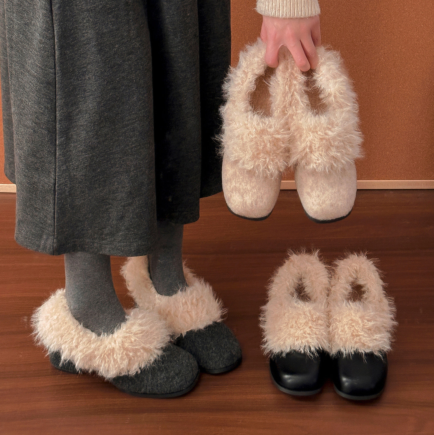 5CM粗高跟毛毛玛丽珍鞋女冬季新款小皮鞋加绒棉卷毛口单鞋奶奶鞋主图