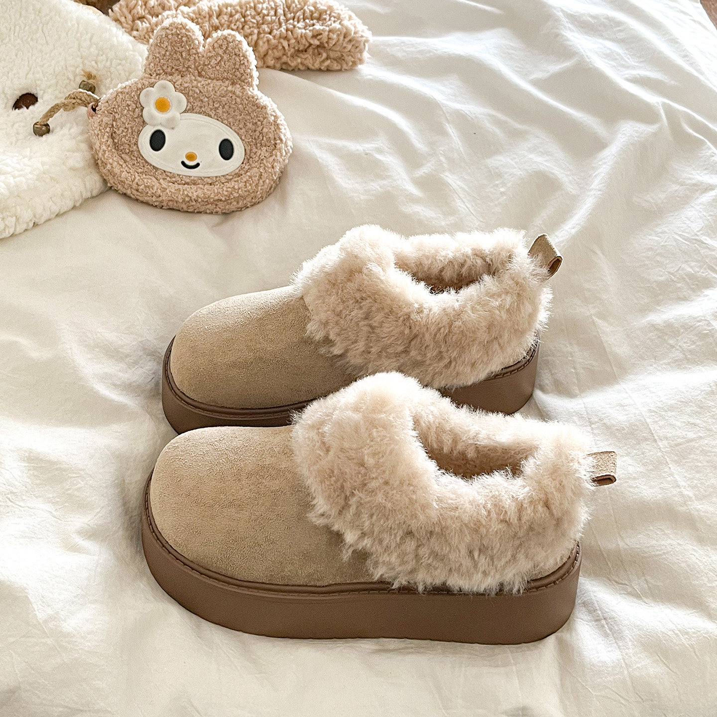 米色复古加绒保暖厚底勃肯鞋女2025冬季新款增高雪地靴毛毛棉鞋子主图