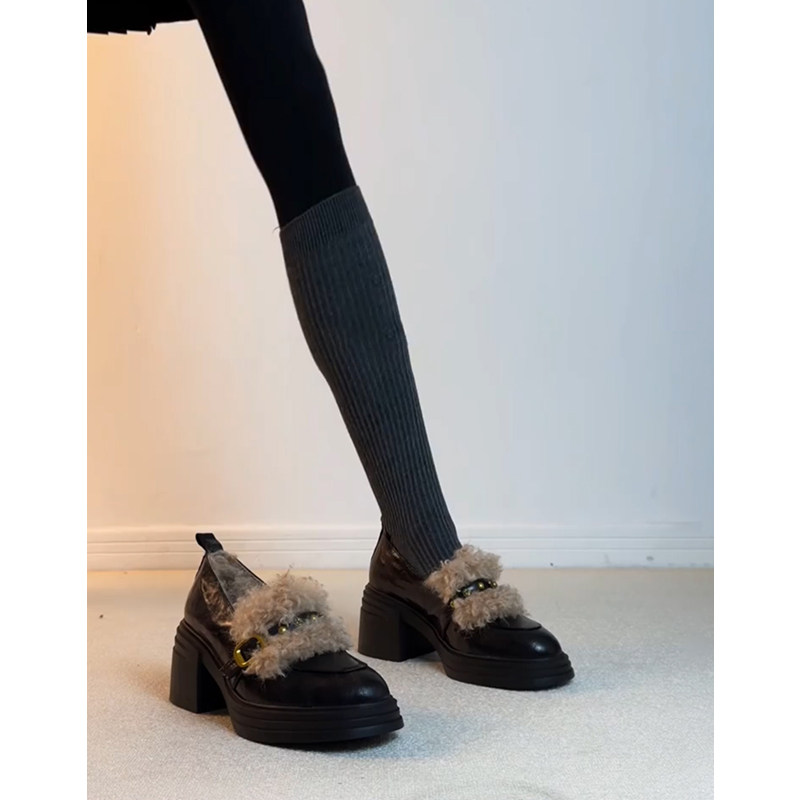 羊皮版~真皮英伦风高跟乐福鞋毛毛鞋女厚底一脚蹬加绒小皮鞋棉鞋主图