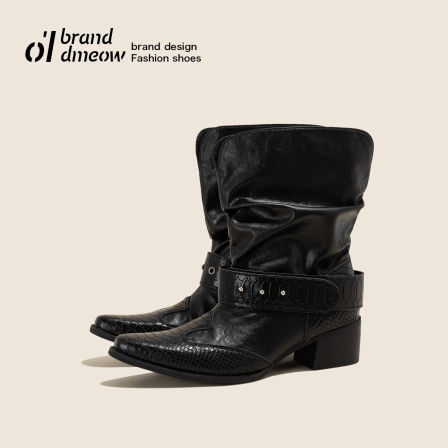 老喵 褶皱~西部废土风皮带扣短靴女显瘦机车粗跟黑色尖头骑士靴子