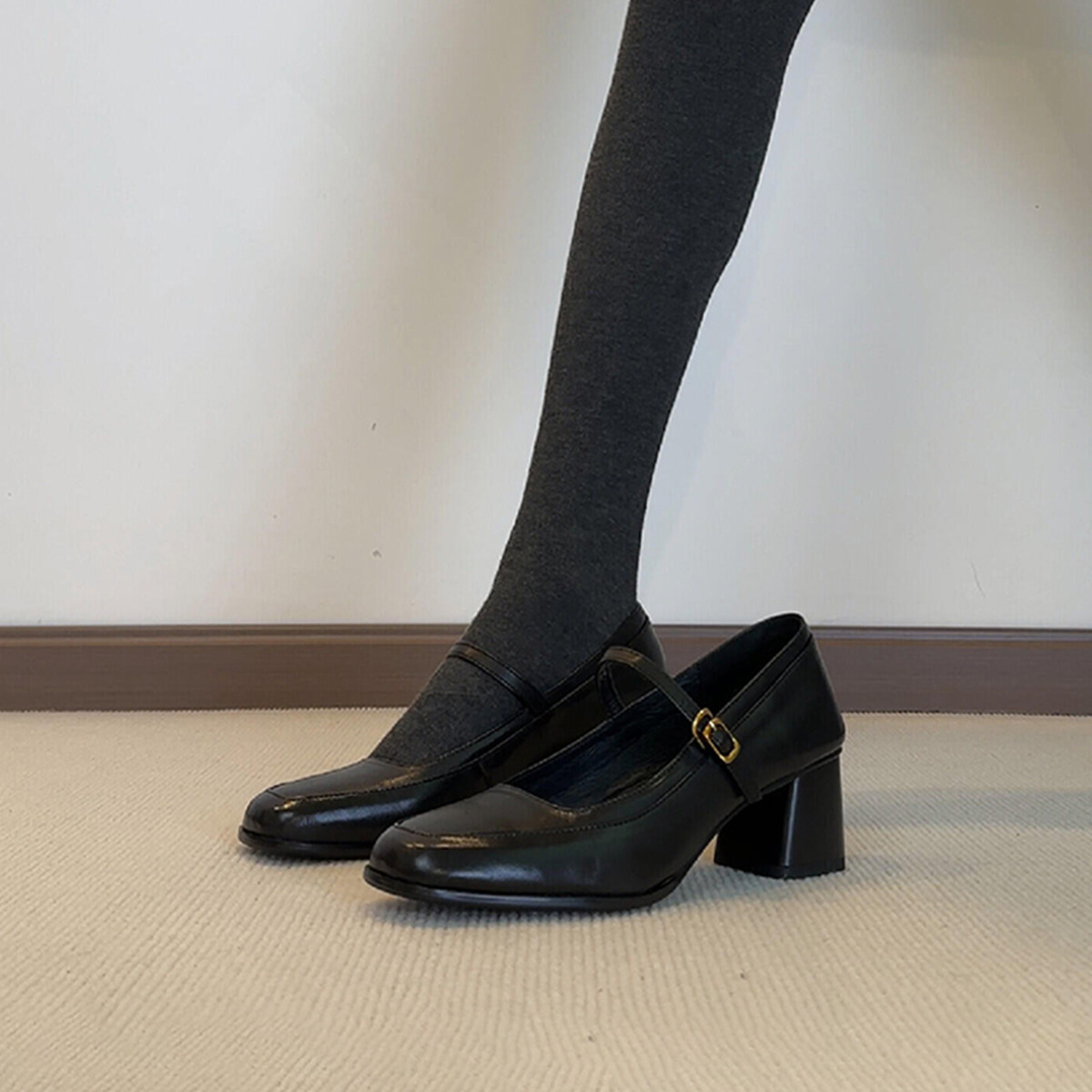 羊皮版~文艺风方头通勤真皮玛丽珍鞋女一字带浅口粗跟气质小皮鞋主图