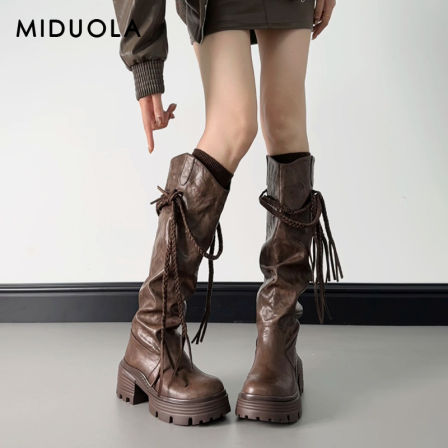 羊皮版~巨好看厚底长筒靴女真皮2025新款秋冬棕色高跟靴子堆堆靴