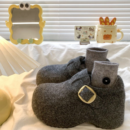 灰色内增高毛毡勃肯鞋女2025新款冬季外穿厚底加绒棉鞋保暖雪地靴