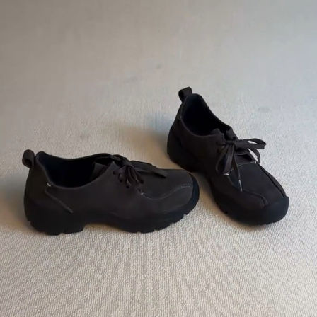 羊皮版~小个子厚底复古休闲圆头真皮乐福鞋女百搭系带深口小皮鞋