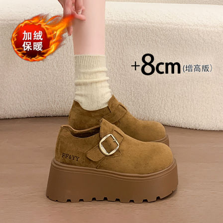 小个子增高8CM勃肯鞋女2025新款冬季加绒保暖34码磨砂皮乐福棉鞋
