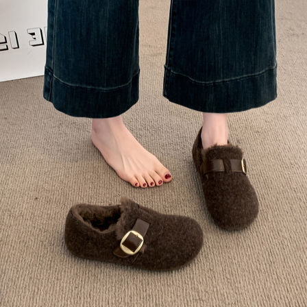 复古软底毛毛鞋女2025冬季新款加绒保暖棉鞋爆款毛呢内增高勃肯鞋