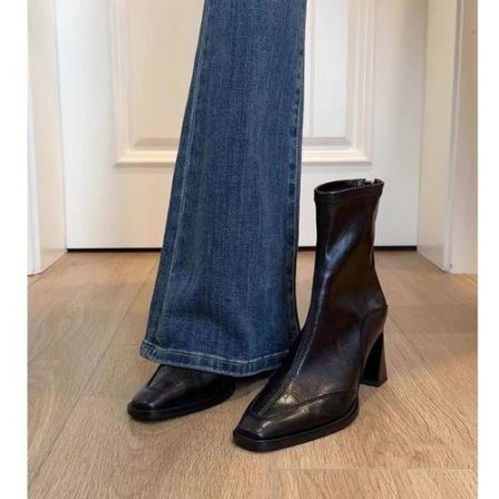 法式复古拼接棕色弹力瘦瘦靴女方头后拉链高跟短靴小个子袜子靴