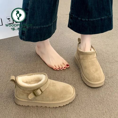 啄木鸟厚底皮毛一体雪地靴女冬2025新款加绒短筒棉靴东北雪地棉鞋主图