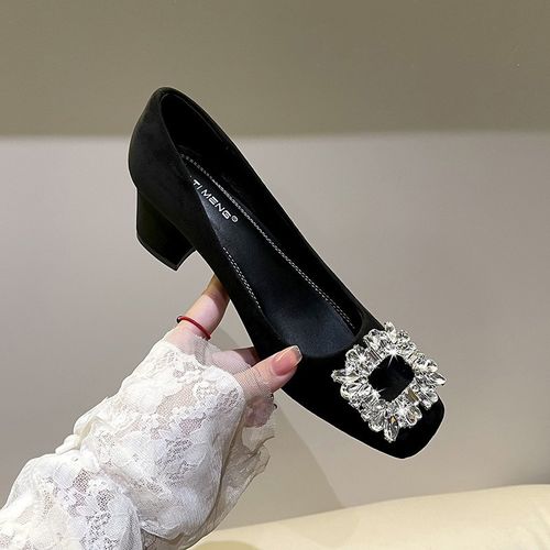 黑色绒面通勤高跟鞋女2025秋冬新款方头粗跟浅口水钻职业法式单鞋主图