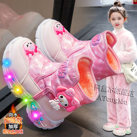 阿童木女童公主亮灯雪地靴2025新款冬季儿童保暖棉鞋女孩宝宝棉靴