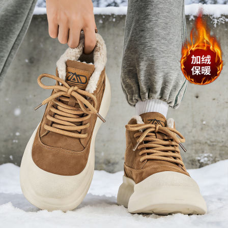 加绒男鞋冬季保暖男士加厚高筒大头板鞋内增高厚底防滑雪地靴男款