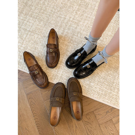 袁圈圈山茶花复古牛皮乐福鞋女黑色圆头中跟小皮鞋绒面一脚蹬单鞋