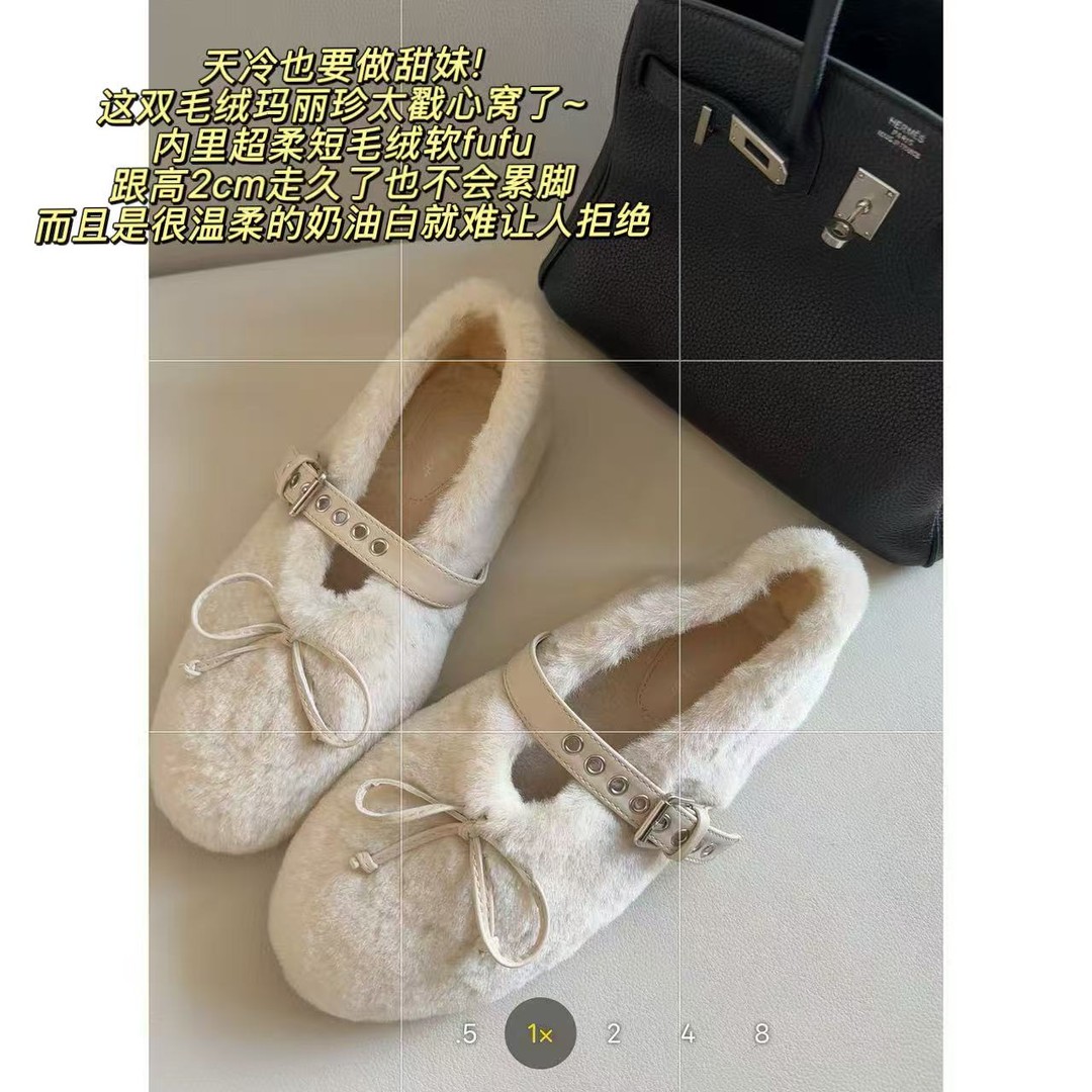 徐秋阳  毛绒玛丽珍   蝴蝶结一字扣带平底玛丽珍鞋外穿毛毛鞋主图