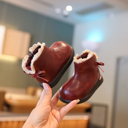 小步点女宝宝学步鞋冬季加绒棉鞋软底婴儿鞋子女童靴子红色新年鞋