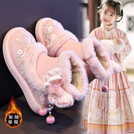 女童雪地靴2026新款冬季儿童汉服鞋加绒国风绣花鞋保暖女孩大棉鞋