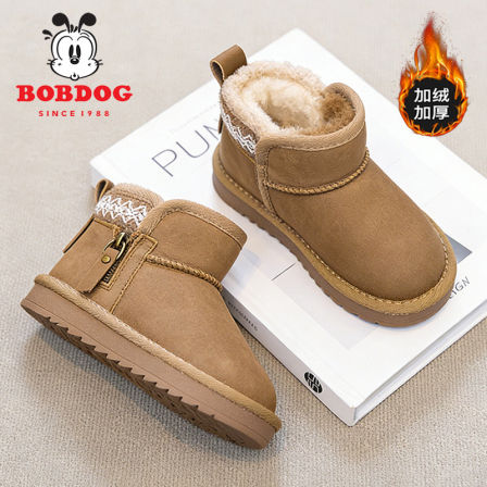 巴布豆女童皮毛一体雪地靴2025新款冬季加厚保暖儿童棉靴女孩棉鞋