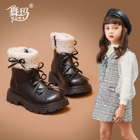 舞玛女童靴子儿童公主小短靴2025新款冬季加绒防滑皮靴小女孩冬鞋